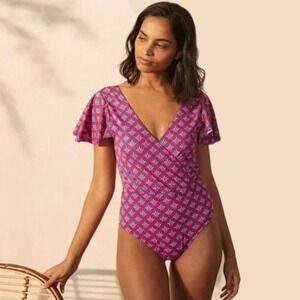 Boden One Piece Wrap Flutter Sleeve Swimsuit Sz 10